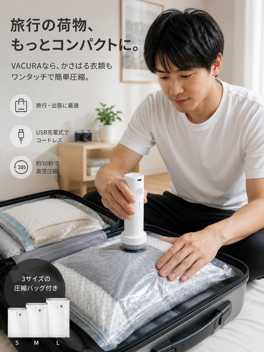 VACURA｜USB充電式 電動圧縮トラベルバッグ（3サイズセット）